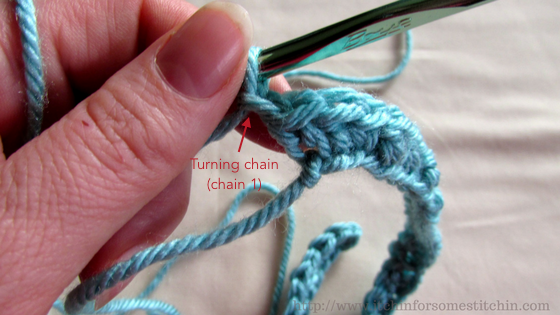 Seed Stitch Tutorial--step 7--turning chain. http://www.itchinforsomestitchin.com