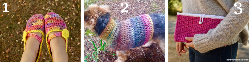 A collage showing pink and yellow crochet slippers with a yellow flower, a dog wearing a pink and yellow crocheted sweater, and a lady holding a pink crocheted purse.