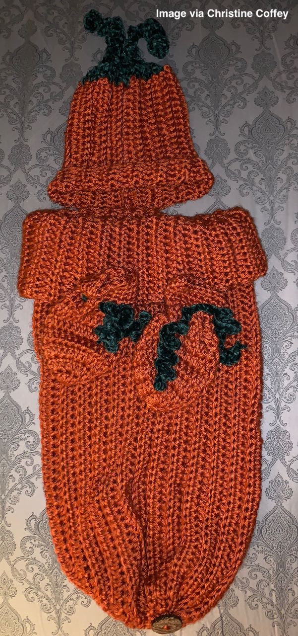 crochet pumpkin newborn hat, mittens, and sleep sack by www.itchinforsomestitchin.com